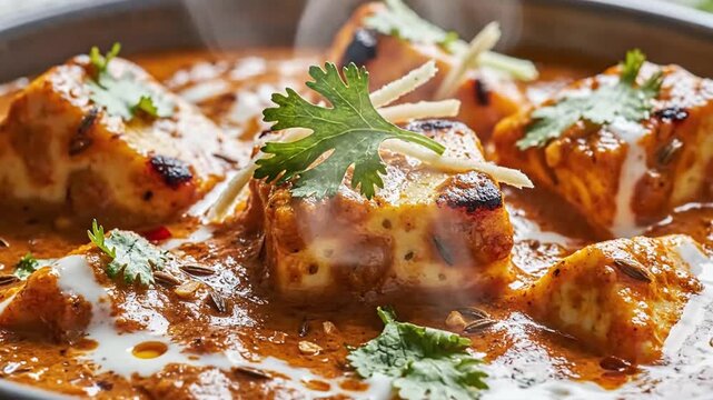 Close-up of spicy chicken curry with herbs garnished on top served hot