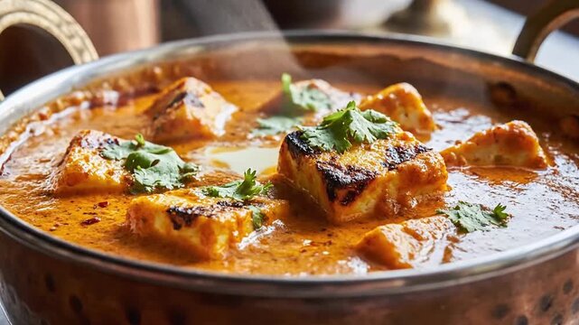 Delicious Indian Paneer Tikka Masala in a Copper Pan with Fresh Cilantro Garnish for Authentic Flavor