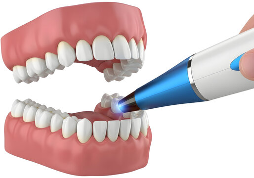 Dental curing light tool hardening a composite filling on a tooth in a 3d model of human teeth and healthy gums