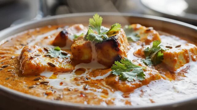 Close-up of a flavorful bowl of creamy curry garnished with fresh cilantro and served hot