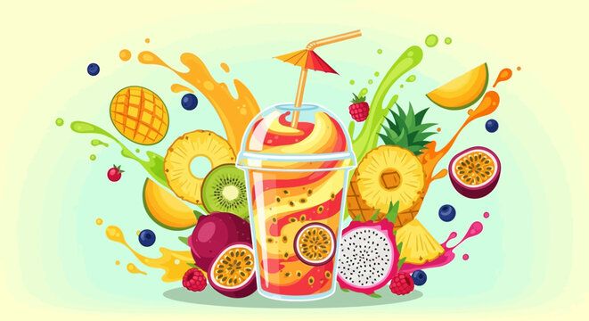 Colorful Tropical Fruit Smoothie with Splash and Umbrella