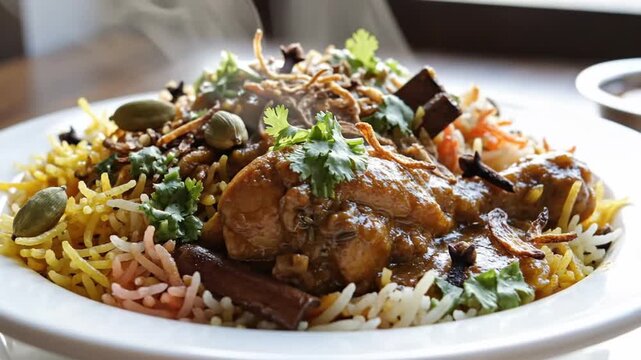 Close-up of aromatic chicken biryani served with rice and herbs in a traditional dish