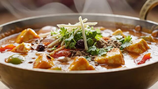 Delicious colorful curry with fresh herbs and vibrant vegetables served hot in a rustic bowl