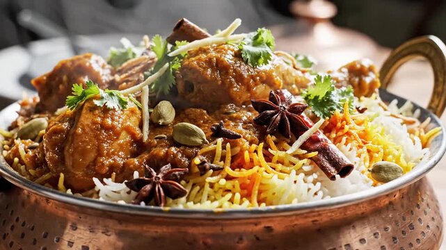 Traditional Indian Mughlai Chicken Biryani Spiced with Aromatic Herbs and Served in a Copper Pot