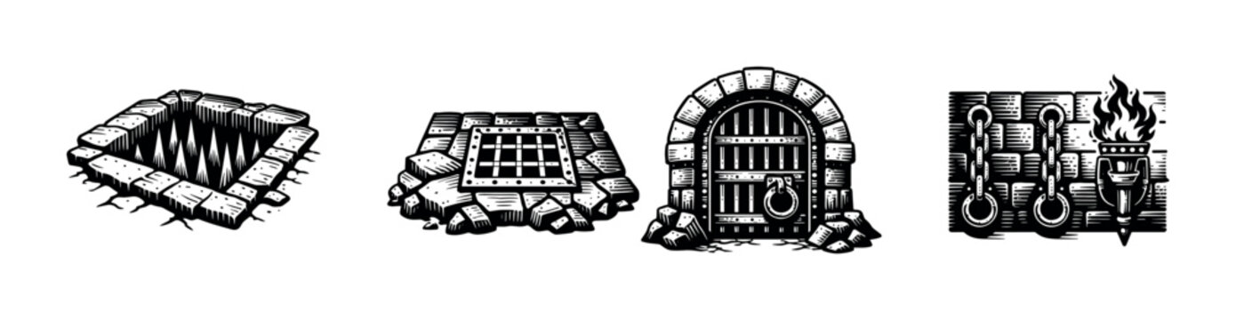 Medieval dungeon elements: spiked pit, barred gate, and torch