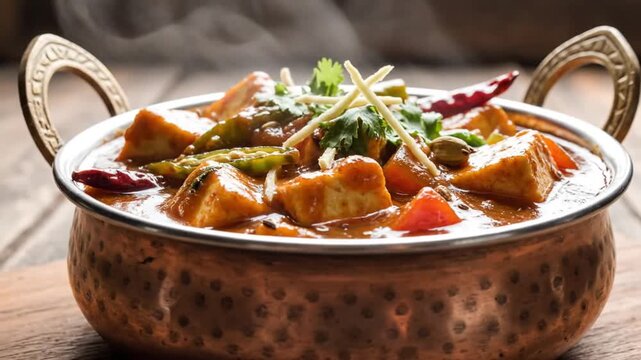  vibrant bowl of spicy curry filled with chunks of vegetables and herbs showcasing traditional cooking