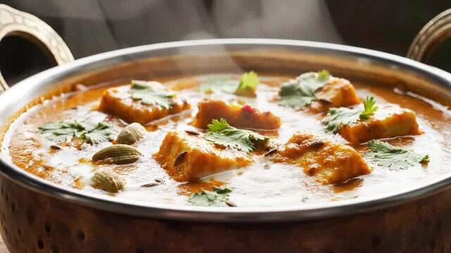 Steaming bowl of traditional Indian chicken curry garnished with fresh herbs in a rustic setting