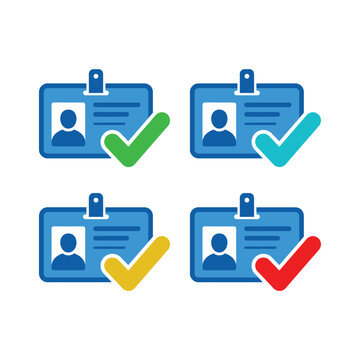 User Identity Verification, ID Cards With Photos And Check Marks, Status Indicators, Professional Style, Industrial Vector Icons, Flat Vector Illustration