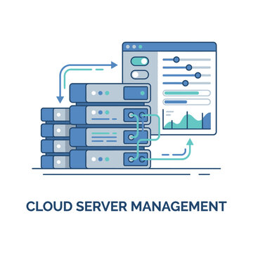 Cloud Server Management Dashboard With Server Racks, Performance Charts, Data Sync, Modern Clean Style, AI Automation Icons, Isolated Vector Illustration
