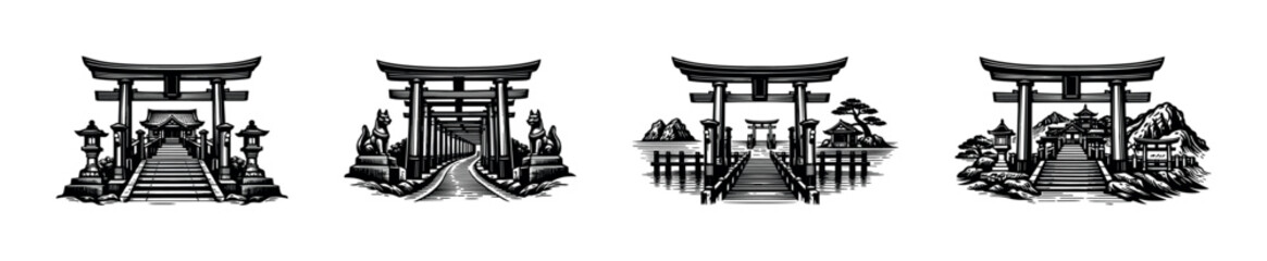 Fototapeta premium Collection of Japanese Shinto shrine gates and sacred sites in woodcut style