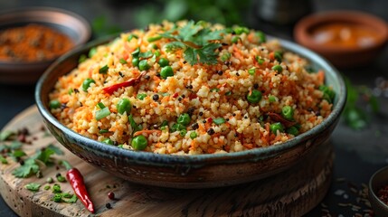 Fototapeta premium Desi keto biryani made cauliflower rice rich spices close up food shot traditional meets low carb lifestyle