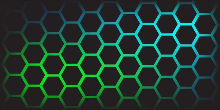 Dark hexagon abstract technology background with blue and green colored bright flashes under hexagon. Hexagonal gaming vector tech illustration black abstract background. eps10