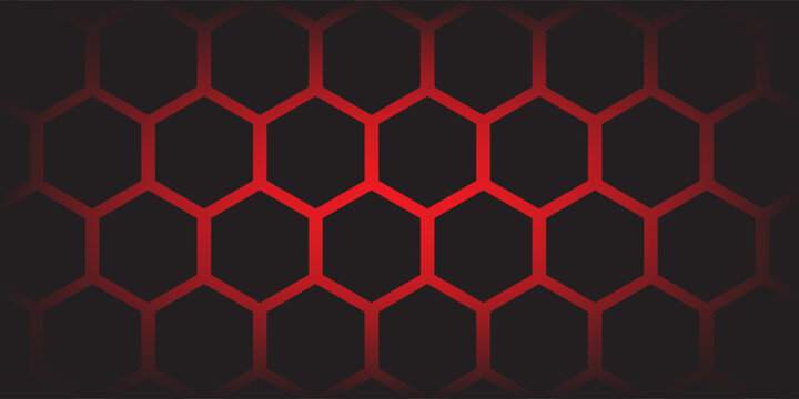 Dark hexagonal technology vector abstract background. Bright red flashing energy under the hexagons in a modern futuristic technology background vector illustration. Dark and turquoise 3d honeycomb te