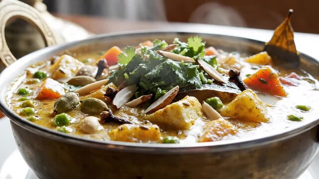 A delicious and colorful vegetable curry served in a traditional bowl showcasing various fresh ingredients