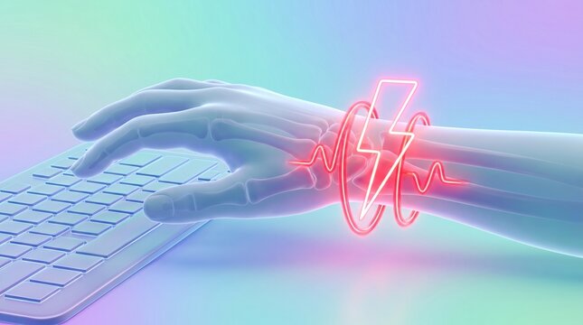 Glowing robotic hand typing on keyboard with neon heartbeat line