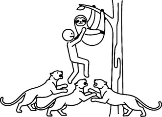 Fototapeta premium Sloth and person hanging from tree branch above panthers