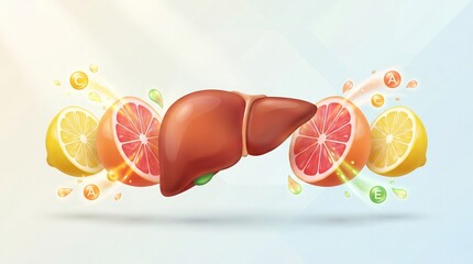 Liver health concept with citrus fruits and vitamins
