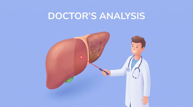 Doctor analyzing liver with laser pointer in medical illustration