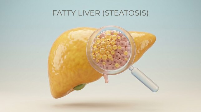 Fatty liver disease steatosis illustration with magnified view