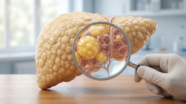 Fatty liver disease examination with magnifying glass and human hand