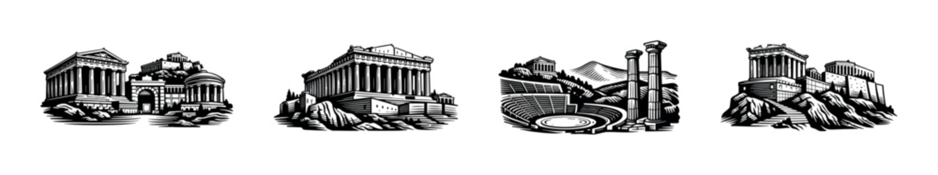 Collection of ancient Greek architectural landmarks and ruins in a stylized black and white illustration