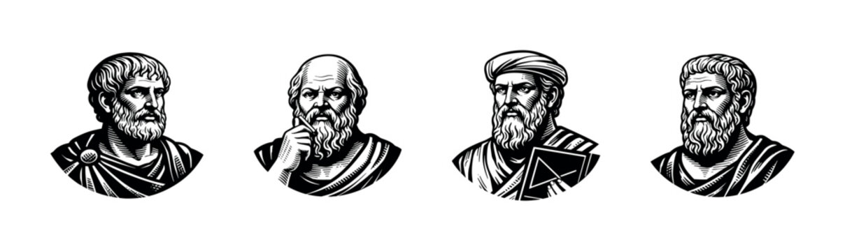 Four ancient Greek philosophers depicted in a classic woodcut style illustration