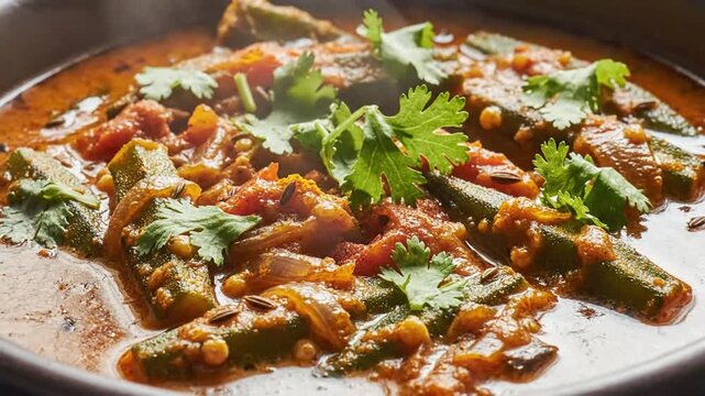 Close-up view of a flavorful spicy vegetable curry garnished with coriander leaves in a rustic pan