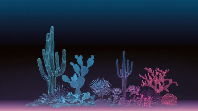 Stylized desert plants in cool colors against a blurred background
