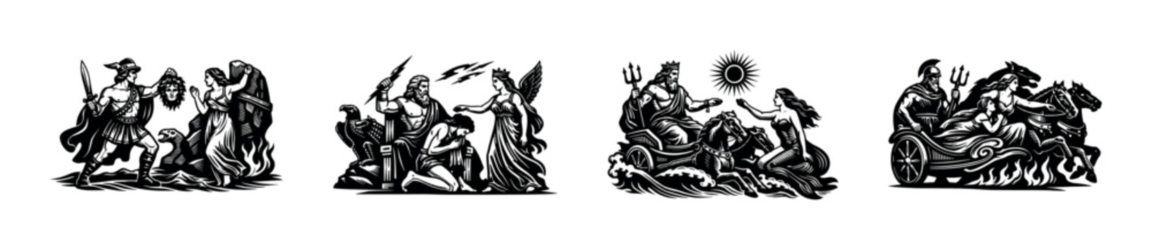 Ancient Greek mythological scenes depicted in a classic woodcut style