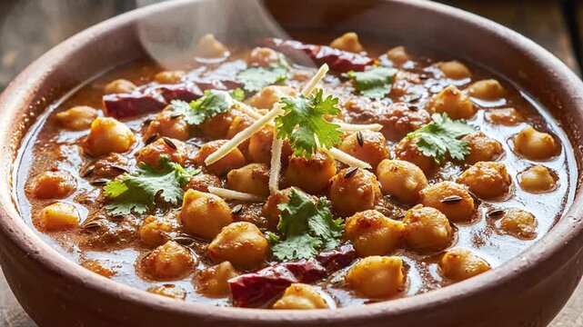 Delicious hot chickpea curry served in traditional clay bowls with fresh herbs for a hearty meal