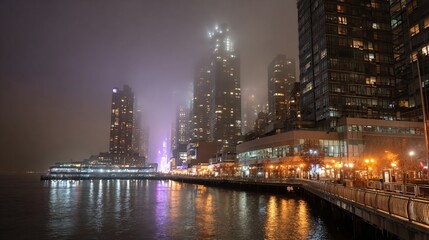 Fototapeta premium New York City skyline on a foggy night, glowing city lights through mist, moody wide urban cityscape background