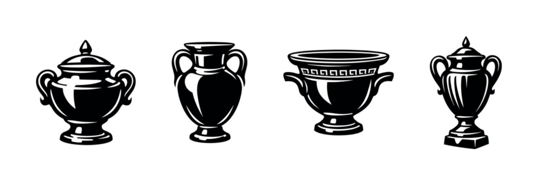 Collection of four classic black and white ancient Greek pottery designs