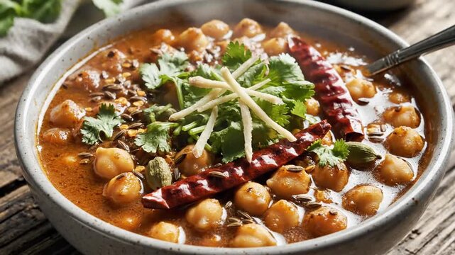 Delicious chickpea curry garnished with fresh herbs and dried chilies in a rustic setting