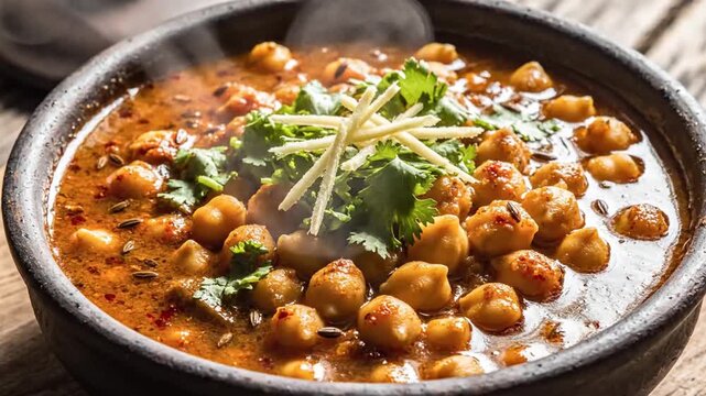 Close-up of spicy chickpea curry garnished with fresh cilantro and thin sliced ginger on black bowl on wooden surface