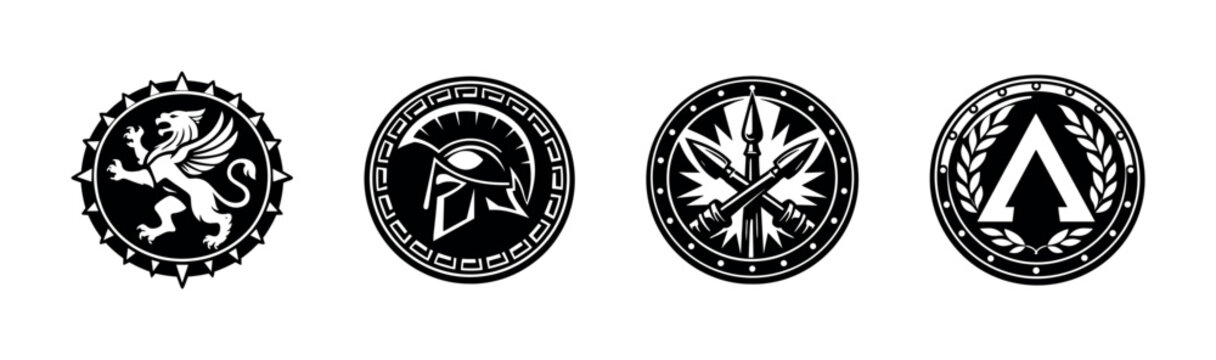 Collection of four ancient Greek warrior emblems and symbols on white background