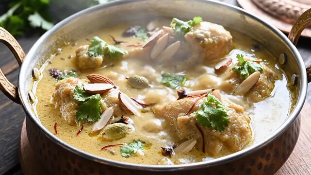 Delicious Indian Chicken Curry with Fresh Herbs and Spices in a Traditional Copper Pot