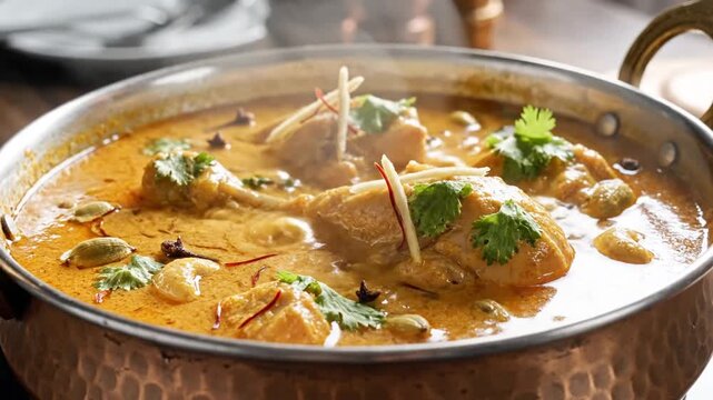 Authentic Indian Chicken Curry Cooking Process with Fresh Ingredients and Rich Spices in a Traditional Copper Pot