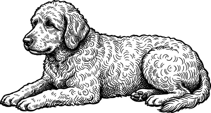 Resting curly haired retriever dog lying down in a relaxed pose