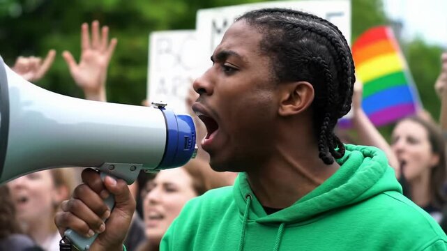 Young african american man with braided hair in emerald green hoodie, shouting intensely through a megaphone, blurred protest crowd with rainbow flag. Electrifying social change concept