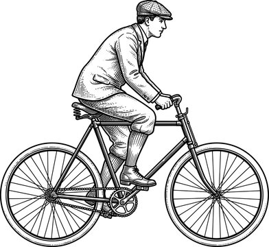 Retro man riding a classic bicycle in side profile view