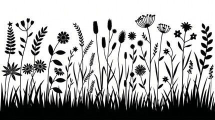 Field of Wildflowers Silhouette: A striking black silhouette of diverse wildflowers and grasses creates an elegant border, showcasing the natural beauty of botanical forms against a clean backdrop. © HafsaislamHimu