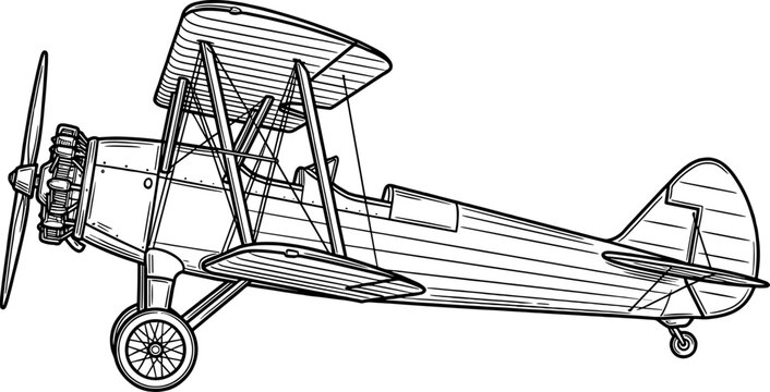 Side view of a vintage propeller biplane airplane