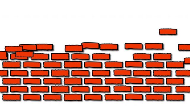 Brick wall construction. Red bricks installing, building wall. Concept of construction, protection, craftsmanship and module structure. White background.