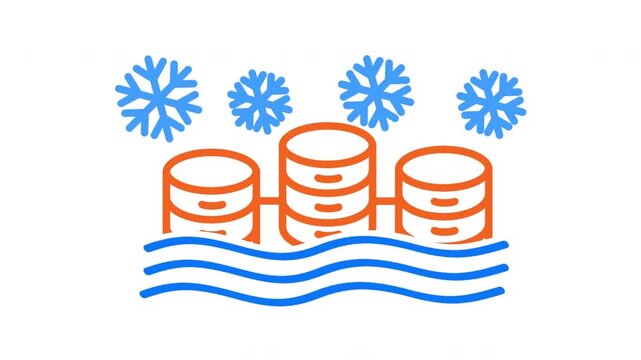 Line Icon Animation of Cold Storage Data Servers with Snowflake Symbols and Wavy Lines on White Background