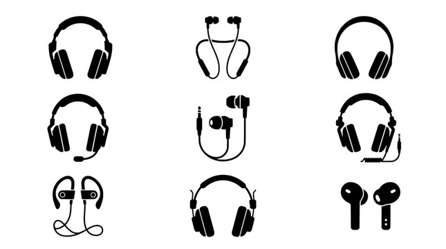 Headphones set with various styles and designs for listening and communication featuring earphones, audio, wired with wireless and over-ear elements