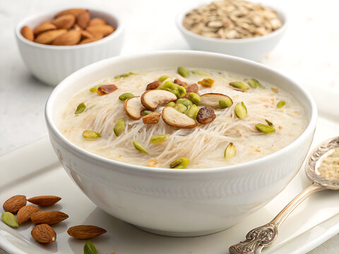 Traditional seviyan kheer dessert for Eid festival, almonds and pistachios topping, elegant food stock image