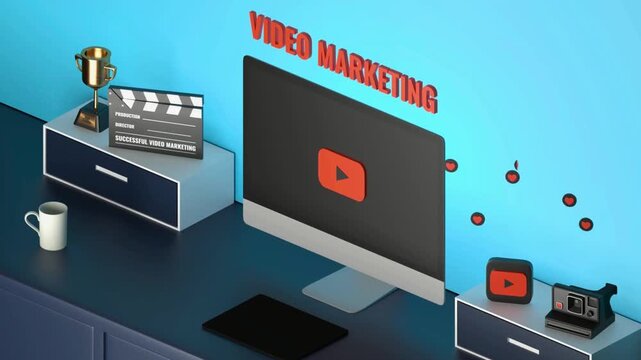 Digital video marketing and social media content creation concept featuring a desktop computer, a clapperboard, and a trophy.
