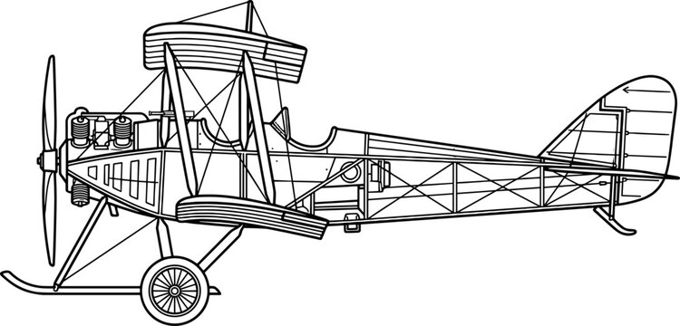 Technical vintage biplane aircraft side profile drawing
