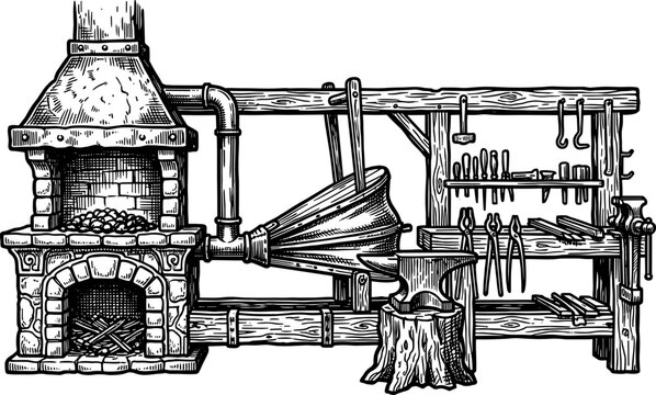 Traditional blacksmith workshop featuring a brick forge and bellows system