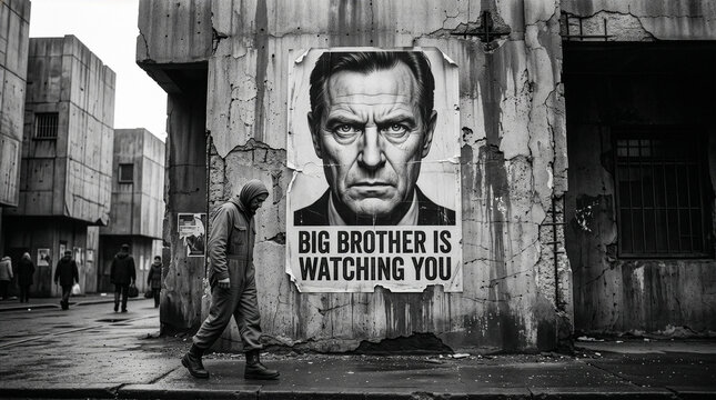 A black and white photograph of a man walking past a large Big Brother poster on a gritty urban wall
